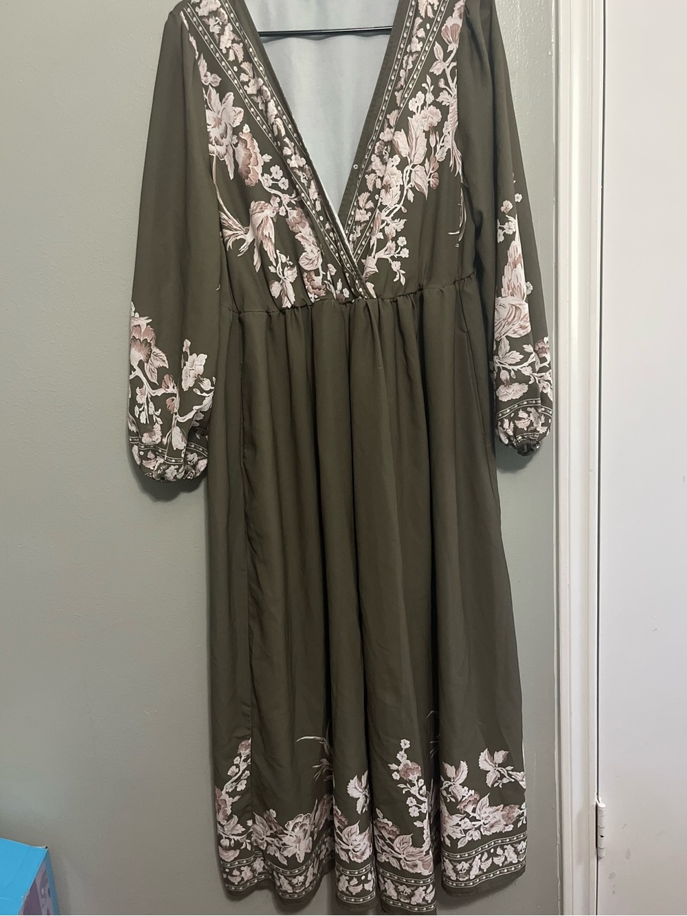 BloomChic Olive Maxi Dress with Blush Floral Embroidery